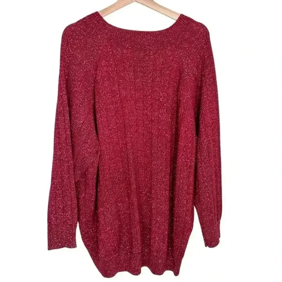 Athleta Crossroads Metallic Holiday Sweater Cable Knit Crew Wool | Red | SZ 2X - Picture 6 of 13